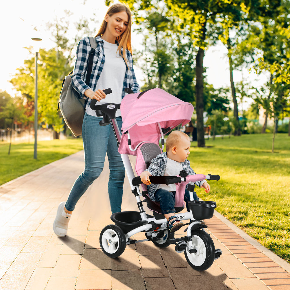 Tricycle 6 en 1 avec poignée parentale, auvent, paniers de rangement et porte-gobelet, rose