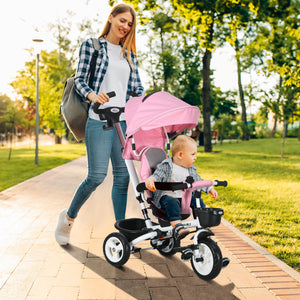 Tricycle 6 en 1 avec poignée parentale, auvent, paniers de rangement et porte-gobelet, rose
