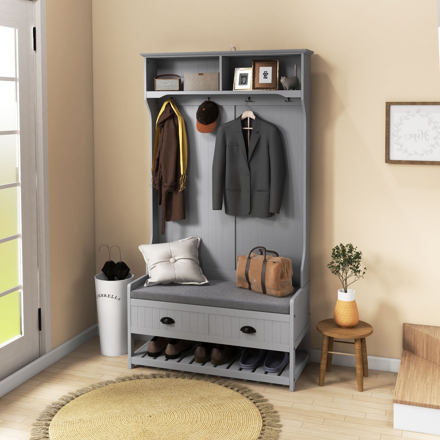 HOMCOM Shoe Bench and Coat Rack, Hallway Furniture with Bench and Shoe Storage, Hallway Bench with 4 Hooks, 2 Drawers, 2 Shelves, Grey