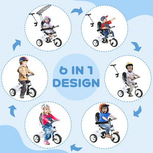 Tricycle pour enfants 6 en 1 avec guidon et auvent amovibles, blanc