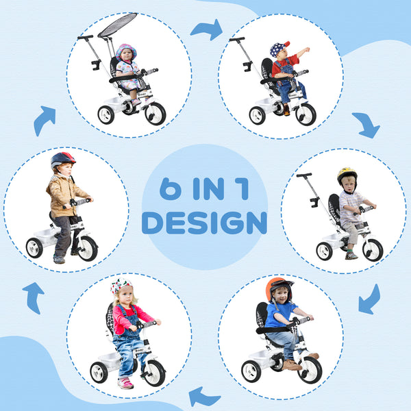 Tricycle pour enfants 6 en 1 avec guidon et auvent amovibles, blanc