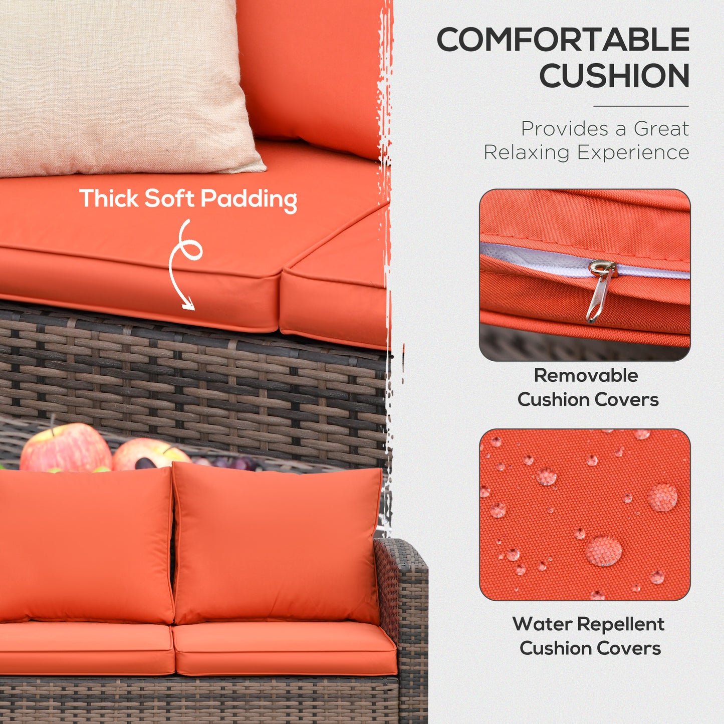 Outsunny 6 Piece Wicker Garden Furniture Set with Cushions, 7 Seater Rattan Garden Sofa with Storage Table, Orange