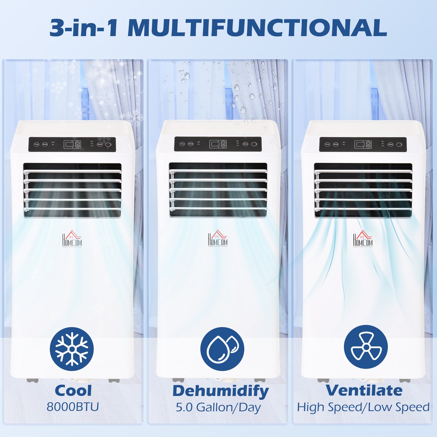 Climatiseur portable 8 000 BTU, déshumidificateur, ventilateurs à 2 vitesses, minuterie 24 h, blanc