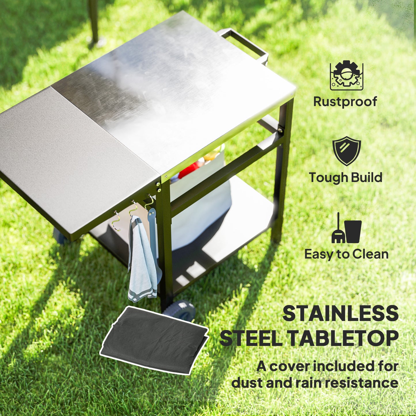 Outsunny Outdoor Kitchen Prep Station with Stainless Steel Top and Foldable Side Table, Pizza Oven Table Outdoor Prep Table with Hooks Shelf, Movable BBQ Table with Cover, Black |