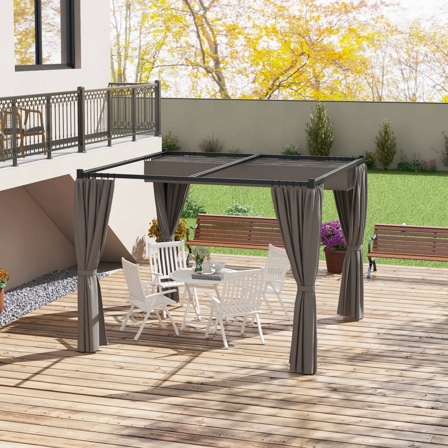 Pergola rétractable 10' x 10', abri de jardin avec rideaux, gris clair