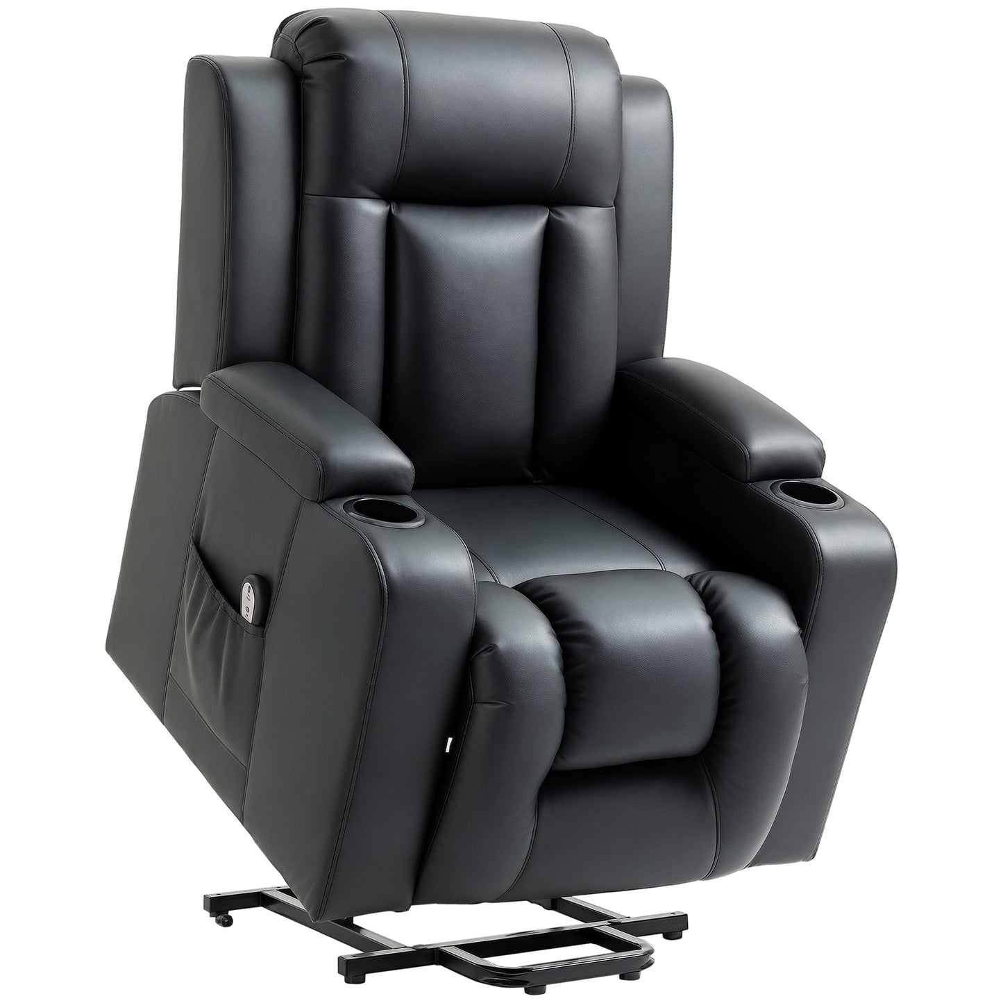 Fauteuil releveur électrique, fauteuil inclinable en cuir PU avec repose-pieds, télécommande, poches latérales et porte-gobelets, noir