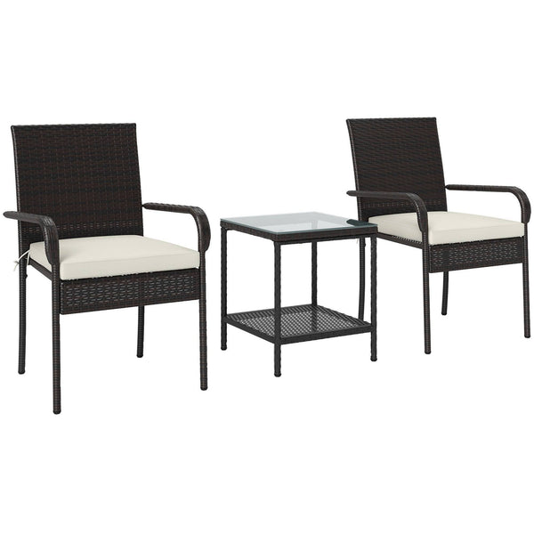 3 Piece Wicker Garden Furniture Set with Stackable Chairs, Washable Cushion, Tempered Glass Top, Brown