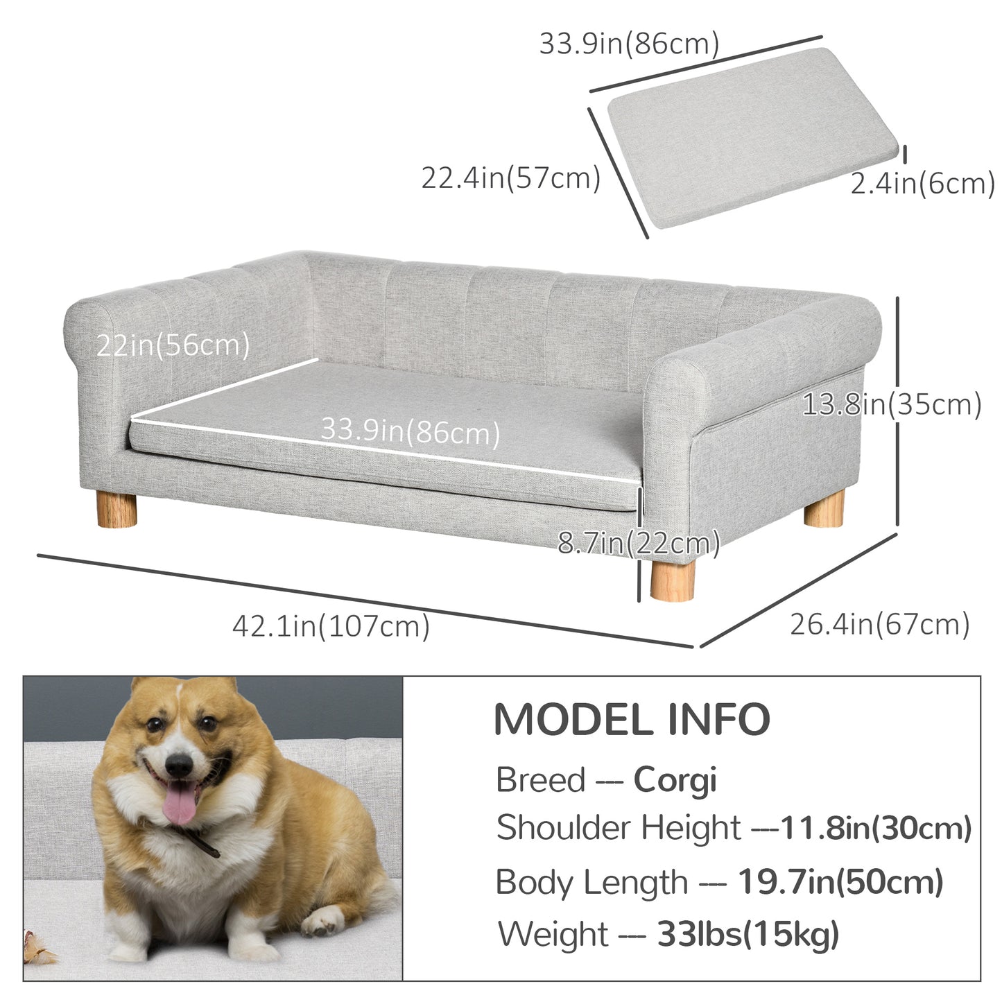 Canapé moderne pour animaux de compagnie de taille moyenne et grande, avec coussin d'assise amovible, gris clair