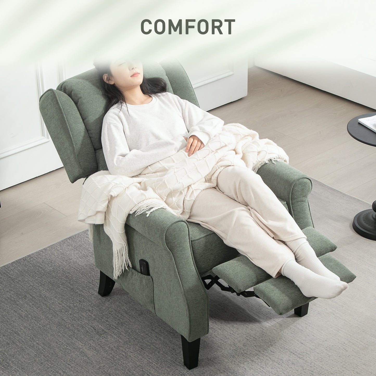 Fauteuil inclinable à massage par vibrations avec repose-pieds extensible, télécommande, vert foncé