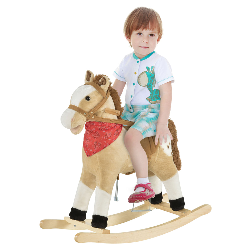 Cheval à bascule en peluche, style cowboy, avec sons réalistes et amusants, beige