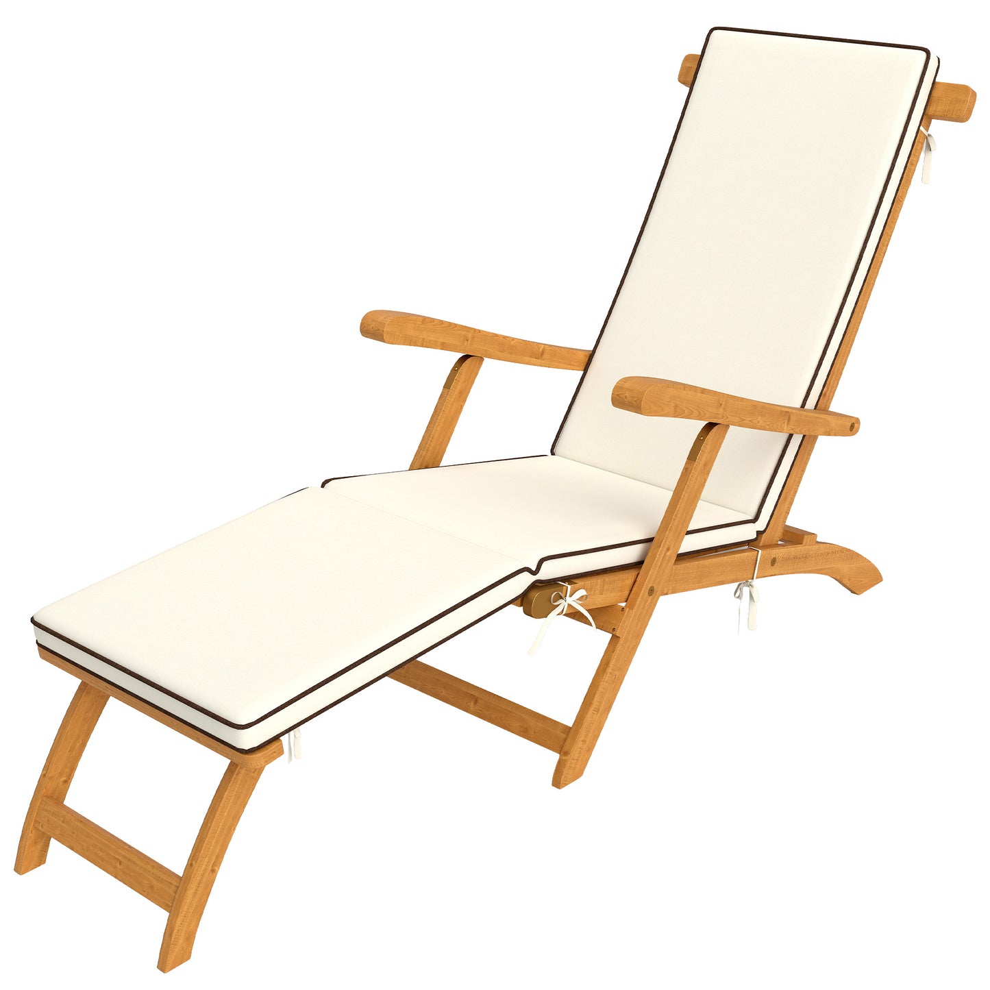 Outsunny Folding Sun Lounger with Padded Cushion, Acacia Wood Reclining Lounge Chair with Footrest for Garden, White