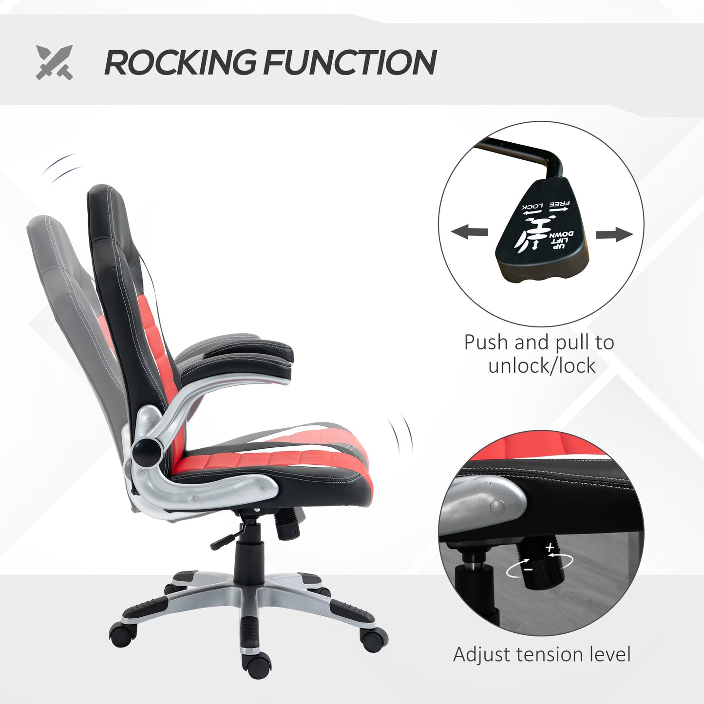 Gaming chair in synthetic leather, adjustable height, flip-up armrests, swivel casters, red
