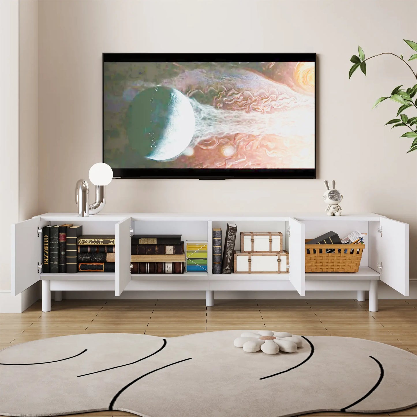 Meuble TV moderne avec portes ondulées, grand espace de rangement et pieds robustes, blanc