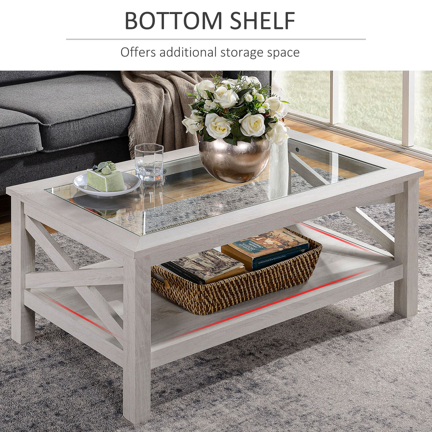 Table basse de style ferme avec plateau en verre trempé