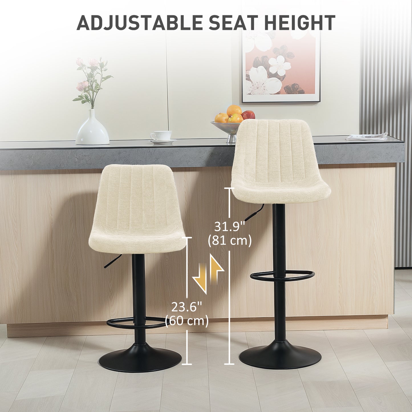 Set of 2 Adjustable Swivel Bar Stools with Backrest and Footrest, Beige