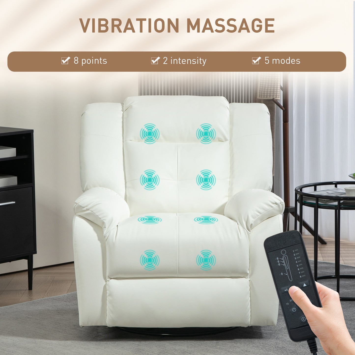 Fauteuil inclinable massant à vibrations 8 points en cuir, pivotant, poches latérales, pour salon, blanc crème