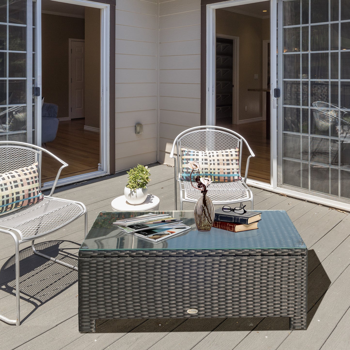 Outsunny Rattan Coffee Table, Patio Side Table, Handwoven Wicker Furniture with Tempered Glass Top, Black