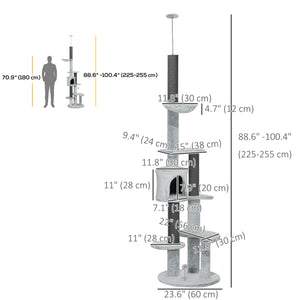 226-254cm Cat Tree with Hammock, Scratching Posts, Cabin, Perches, Play Ball, Grey