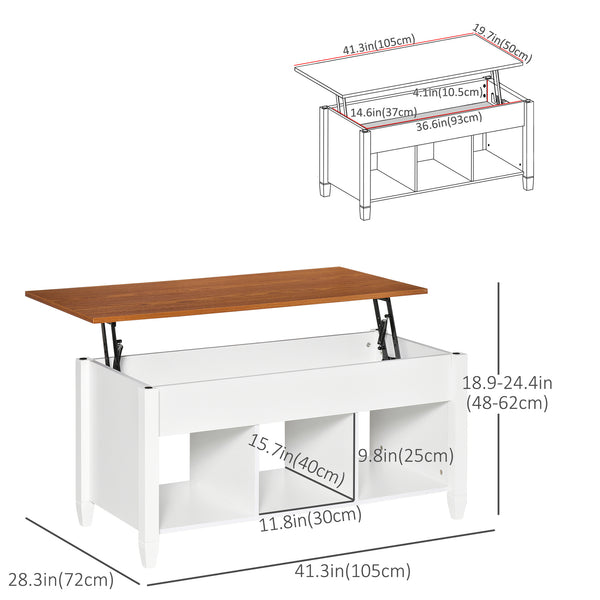 Table basse relevable avec compartiment de rangement dissimulé, blanc et marron