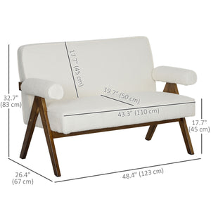 Canapé 2 places en tissu Boucle avec rembourrage épais et pieds en bois, blanc crème