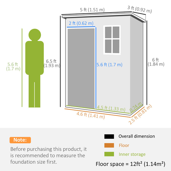 5 x 3 ft Garden Shed with Floor, Outdoor Storage Shed with Lockable Door, Window and Vent, Grey