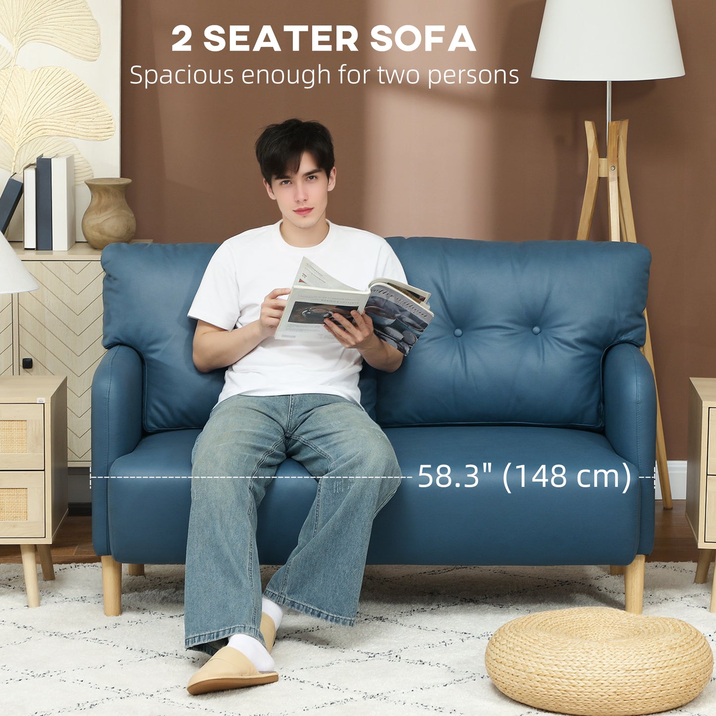 HOMCOM 58" 2-seater sofa, modern 2-seater sofa, upholstered, solid wood frame, navy blue