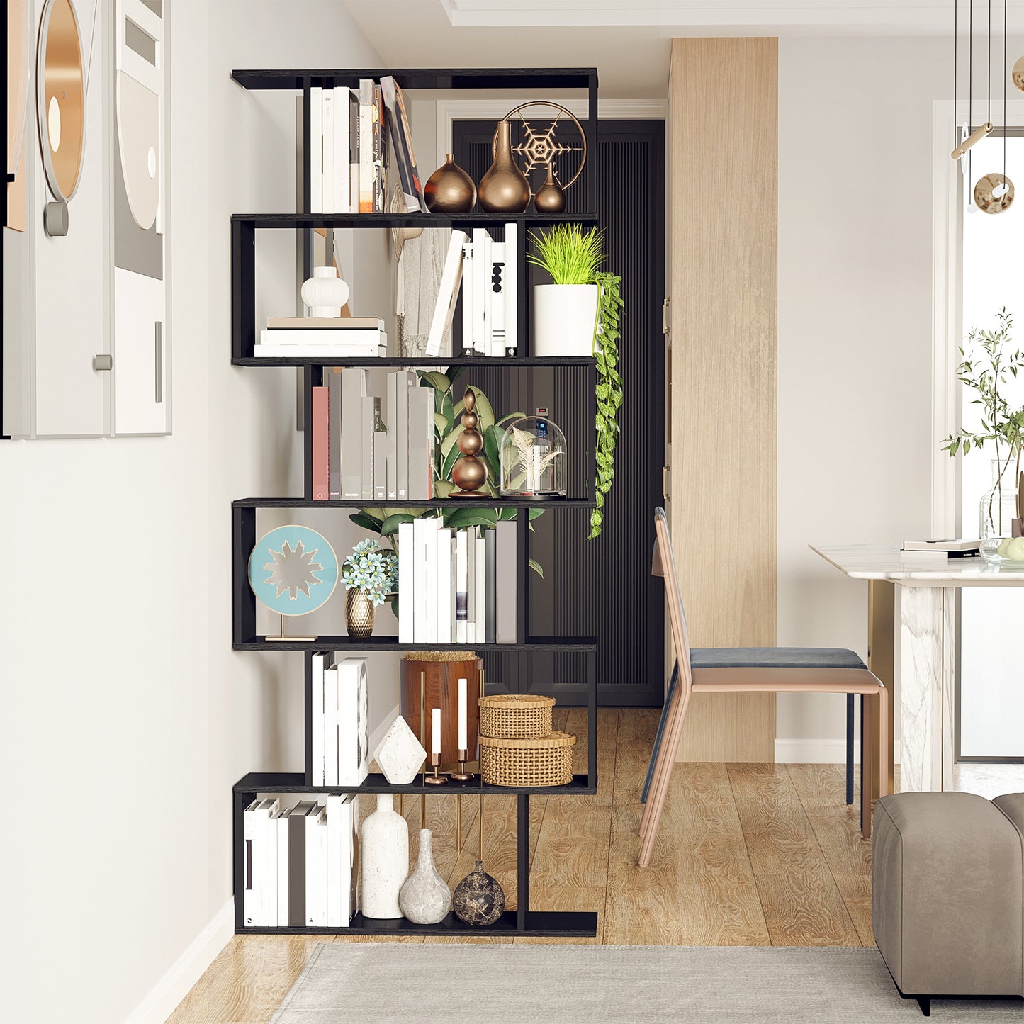 S-shaped wooden bookcase with 6 shelves