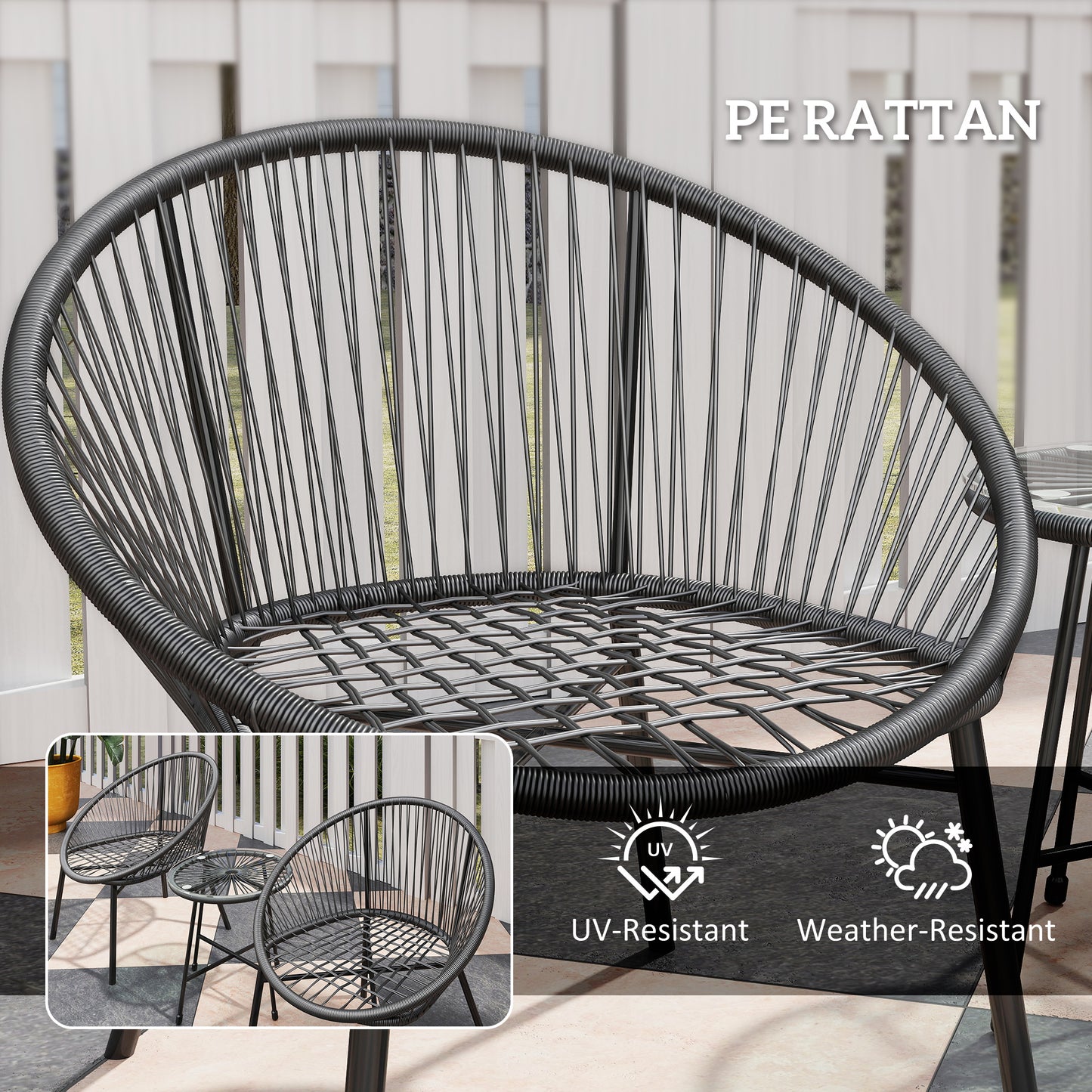 Outsunny 3 Piece Wicker Patio Furniture Set with Soft Cushions, Tempered Glass Top, Garden Bistro Set, Black