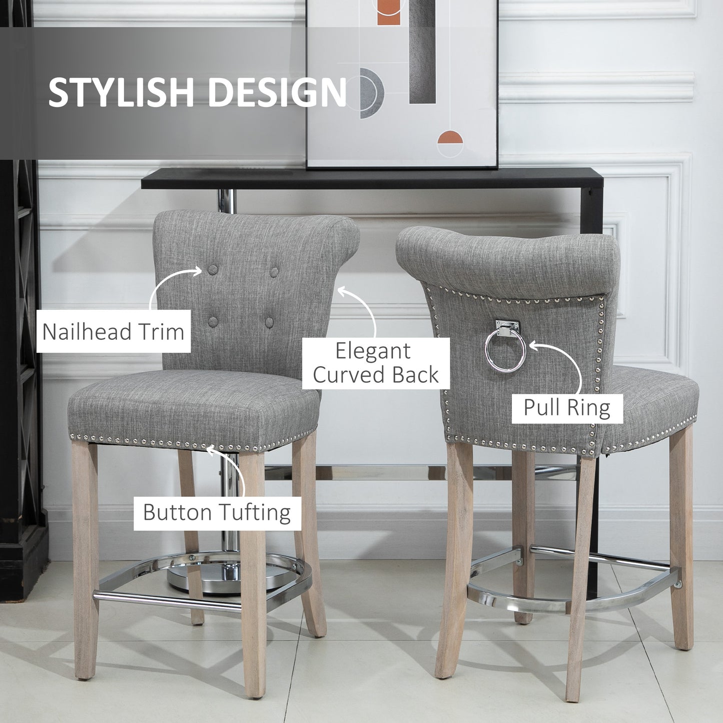 Set of 2 Upholstered Counter Height Bar Stools with Tufted Backrest, Wooden Legs and Footrest, Grey