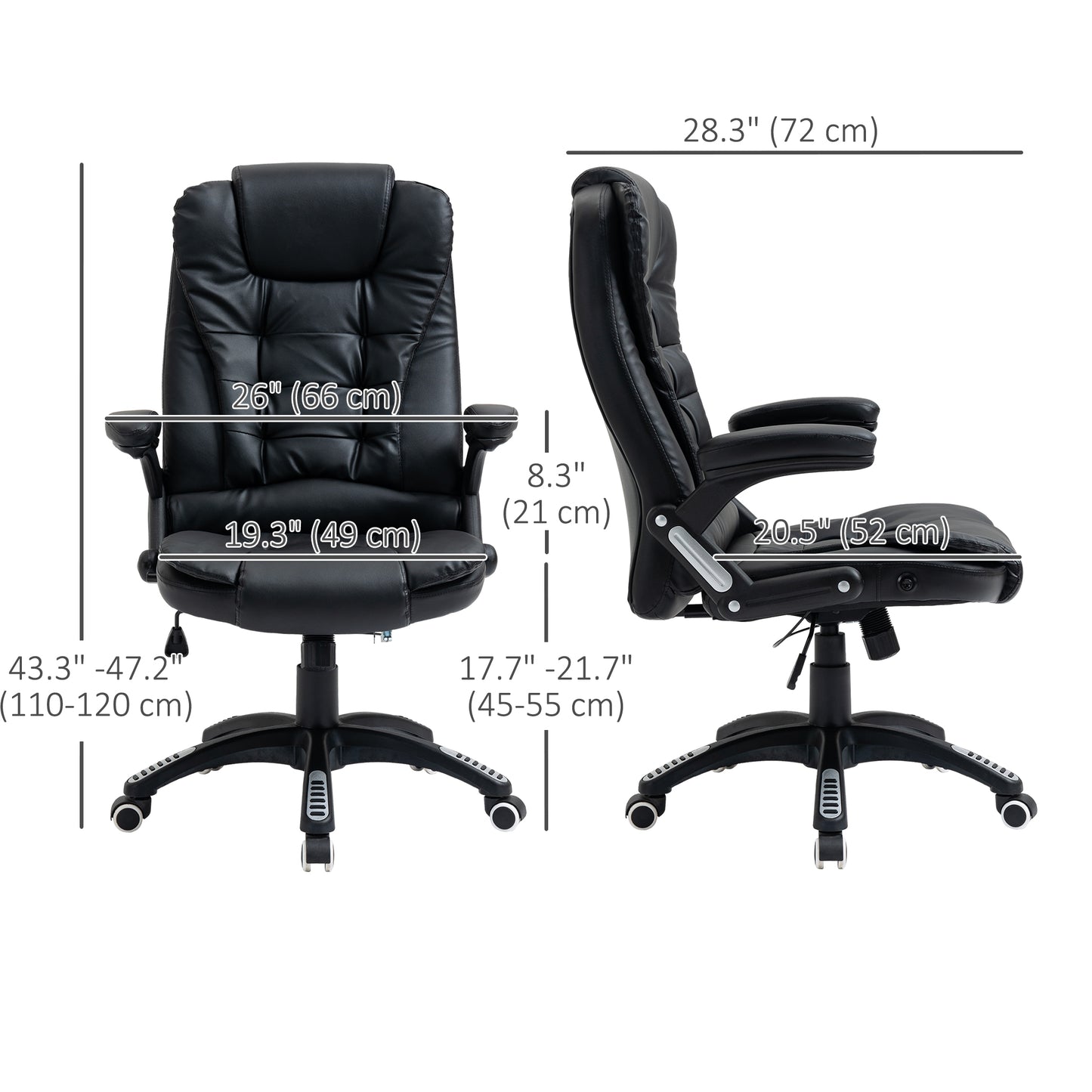 Fauteuil de bureau en cuir synthétique, inclinable, avec roulettes pivotantes, accoudoirs, hauteur réglable, dossier haut, noir