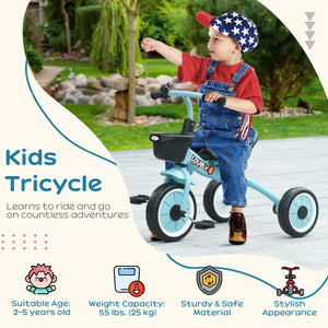 Tricycle avec siège réglable, panier, sonnette, bleu