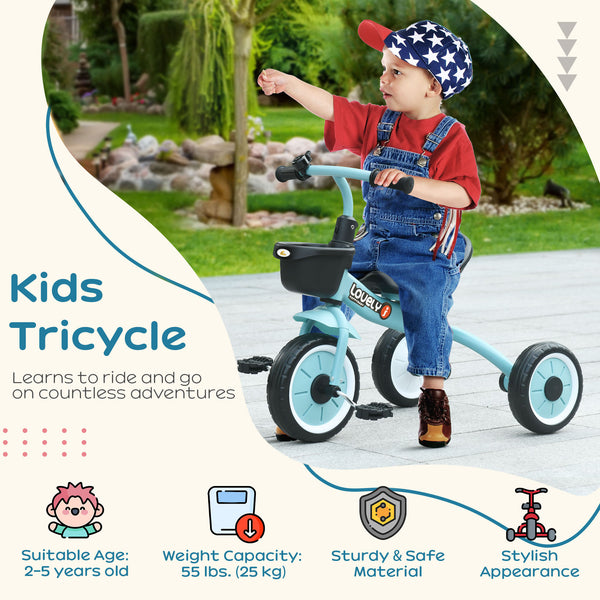 Tricycle avec siège réglable, panier, sonnette, bleu
