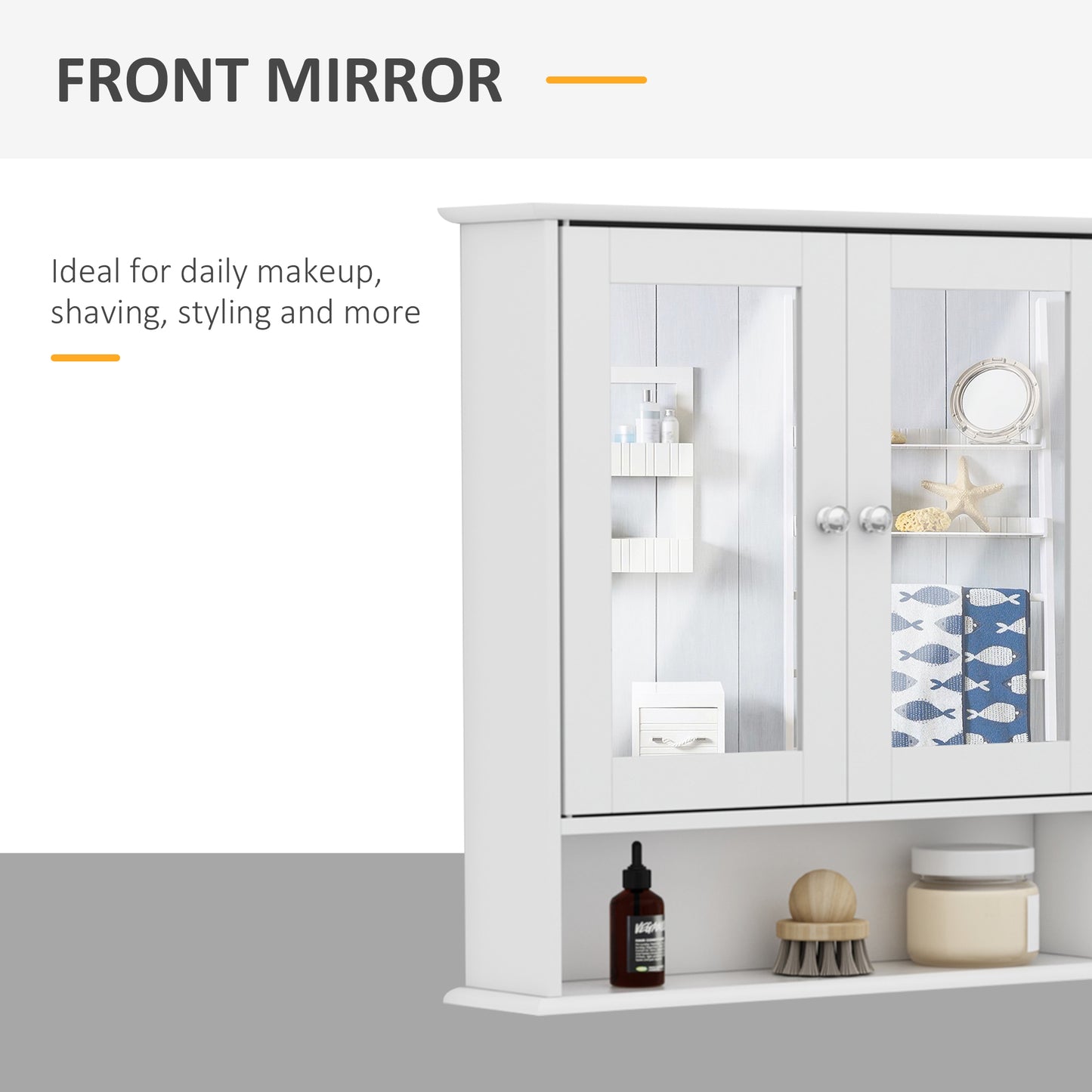 Armoire à pharmacie avec portes doubles, étagère ouverte et étagère réglablr, blanche