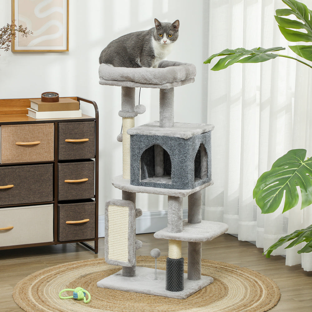 Arbre à chat de 104 cm avec griffoirs, panier, niche, brosse de toilettage