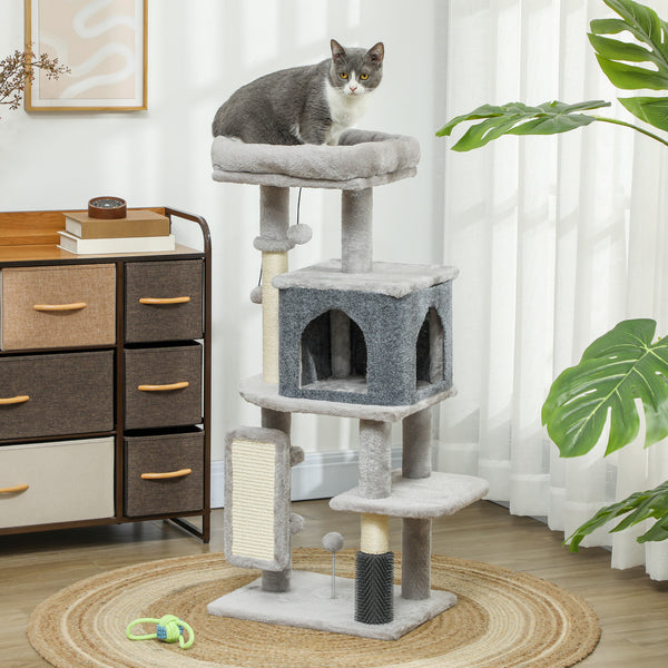 Arbre à chat de 104 cm avec griffoirs, panier, niche, brosse de toilettage