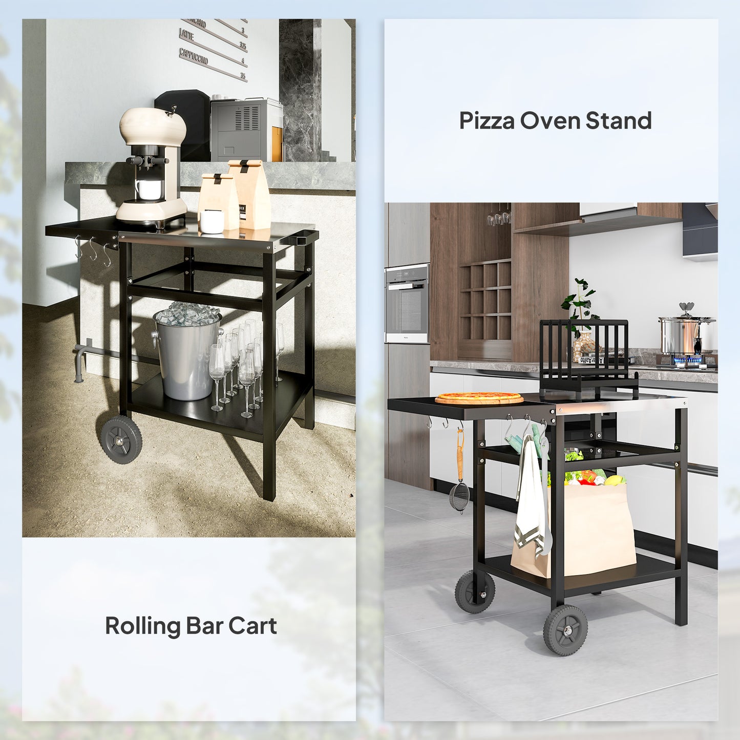 Outsunny Outdoor Kitchen Prep Station with Stainless Steel Top and Foldable Side Table, Pizza Oven Table Outdoor Prep Table with Hooks Shelf, Movable BBQ Table with Cover, Black |
