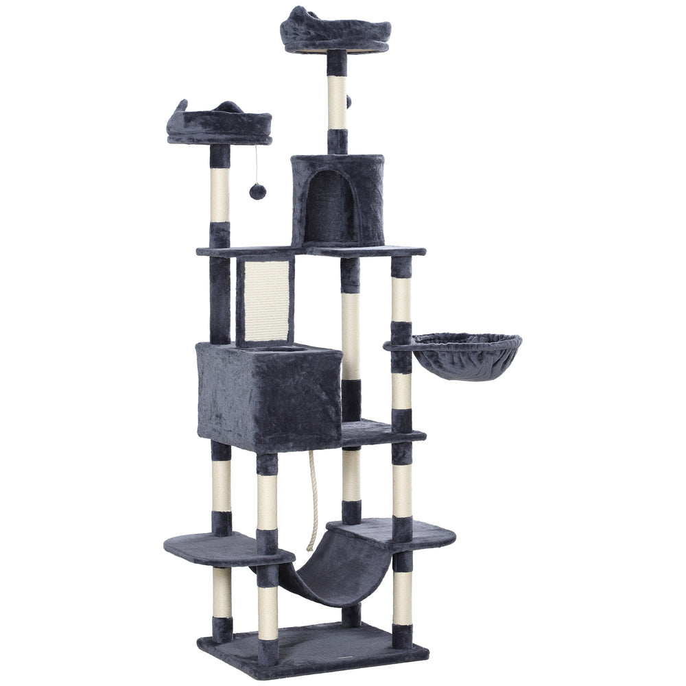 Large 205cm Cat Tree with Scratching Posts, Cabins, Beds, Hammocks, Dark Grey