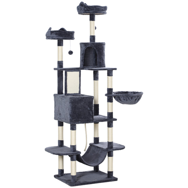 Large 205cm Cat Tree with Scratching Posts, Cabins, Beds, Hammocks, Dark Grey