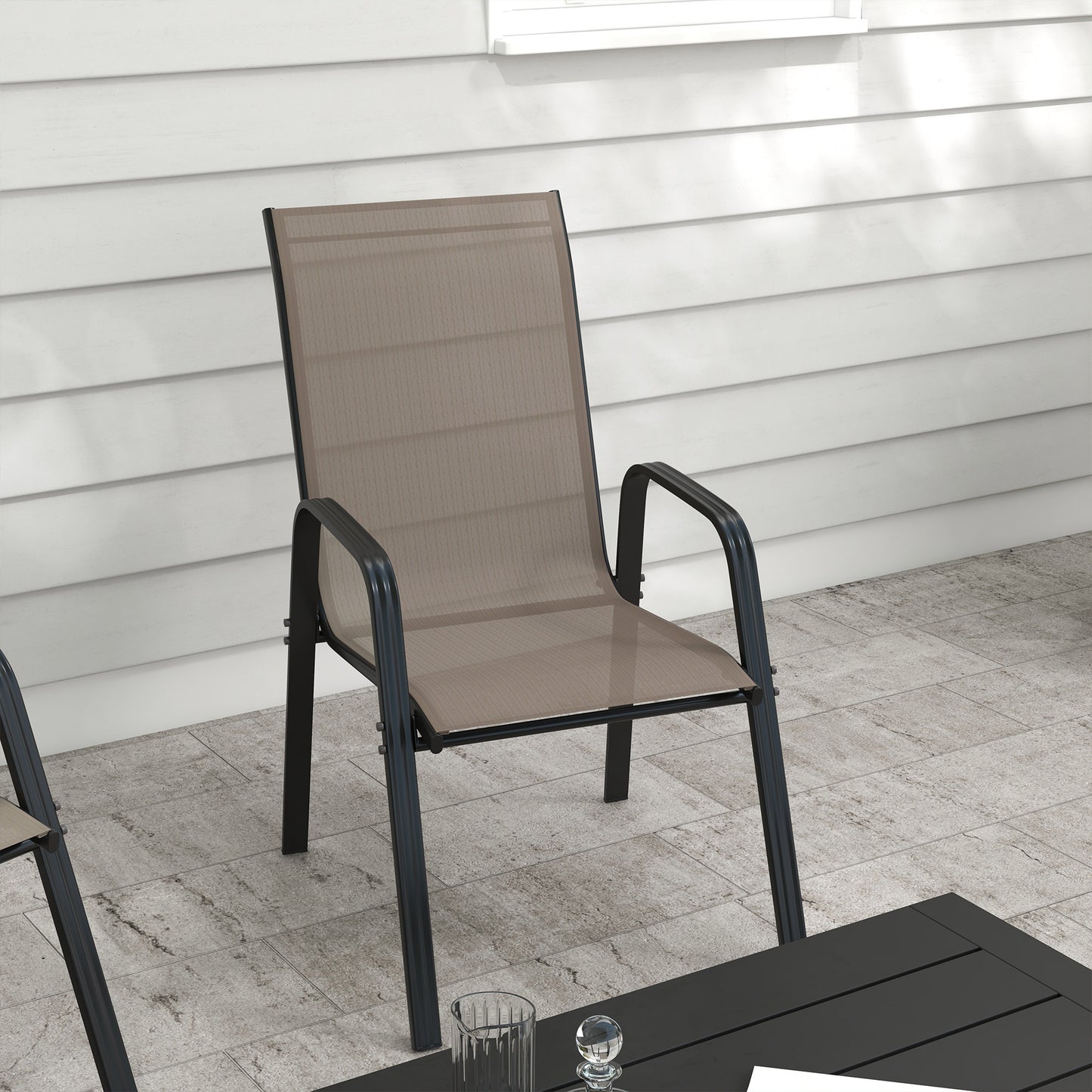 Outsunny Set of 4 Outdoor Dining Chairs, Sturdy Stackable Patio Chairs with Armrests for Balcony Garden, Grey