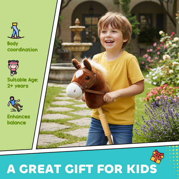 Plush horse with wooden wheels, whinnying and galloping sounds, brown