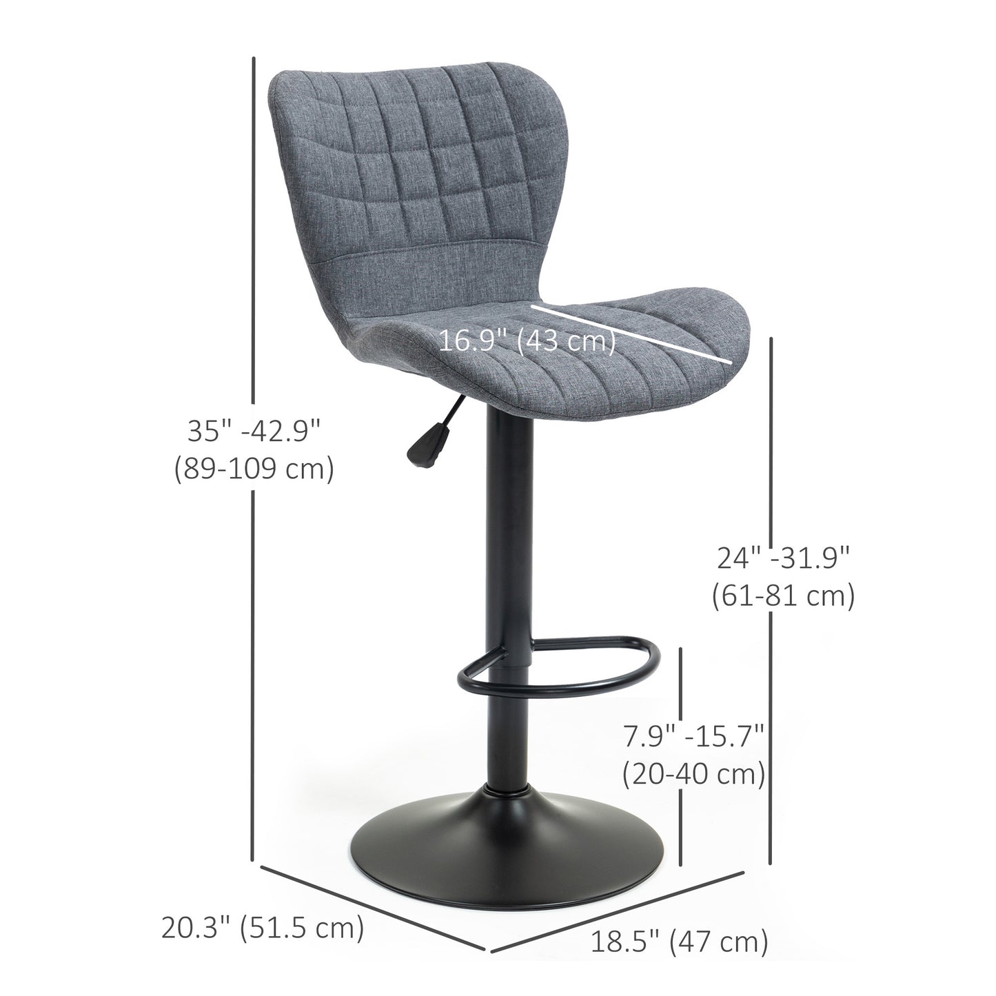 Set of 2 bar stools, adjustable height, swivel, gray