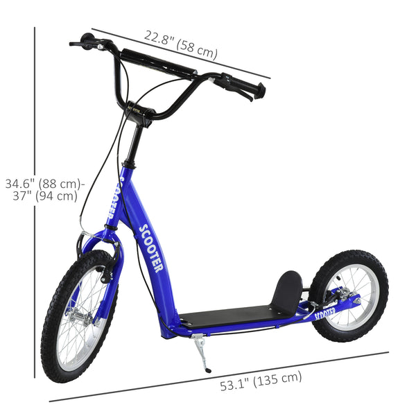 Trottinette avec guidon réglable, double frein, roues gonflables, bleue foncé
