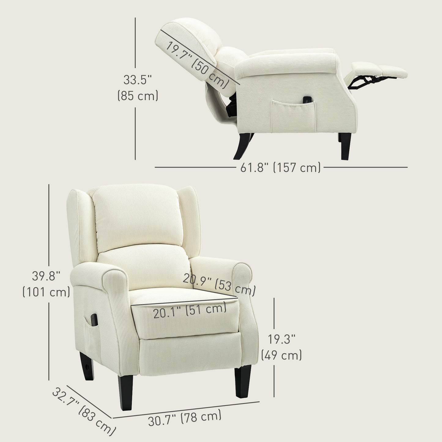 Fauteuil inclinable à dossier relevable avec massage par vibrations, repose-pieds extensible, télécommande, couleur crème