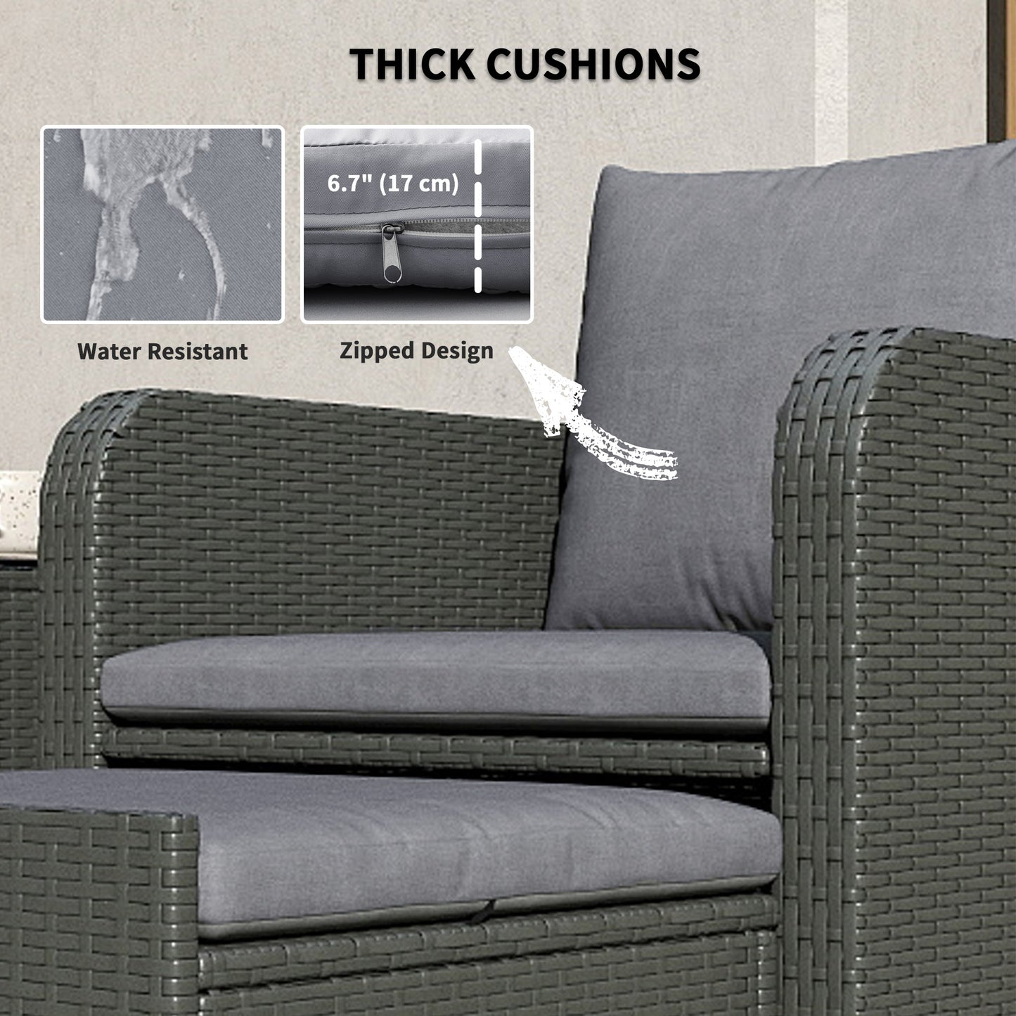 Outsunny 5 Piece Rattan Balcony Furniture Set, Wicker Outdoor Furniture with Two-Tier Coffee Table and Ottomans, Grey