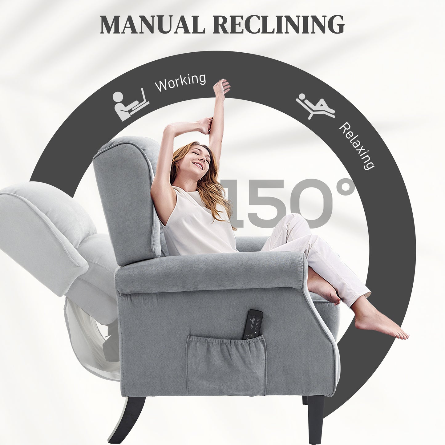 Fauteuil inclinable à massage par vibrations avec repose-pieds extensible, télécommande, poche, gris