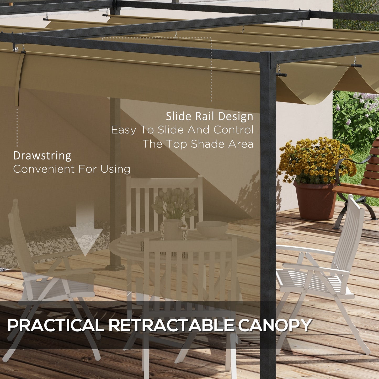 Pergola de patio 10' x 7' avec auvent rétractable, abri solaire extérieur, ombre de jardin, kaki