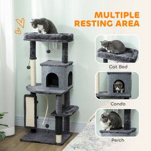 Arbre à chat de 132 cm avec griffoirs, panier, niche et brosse de toilettage, gris