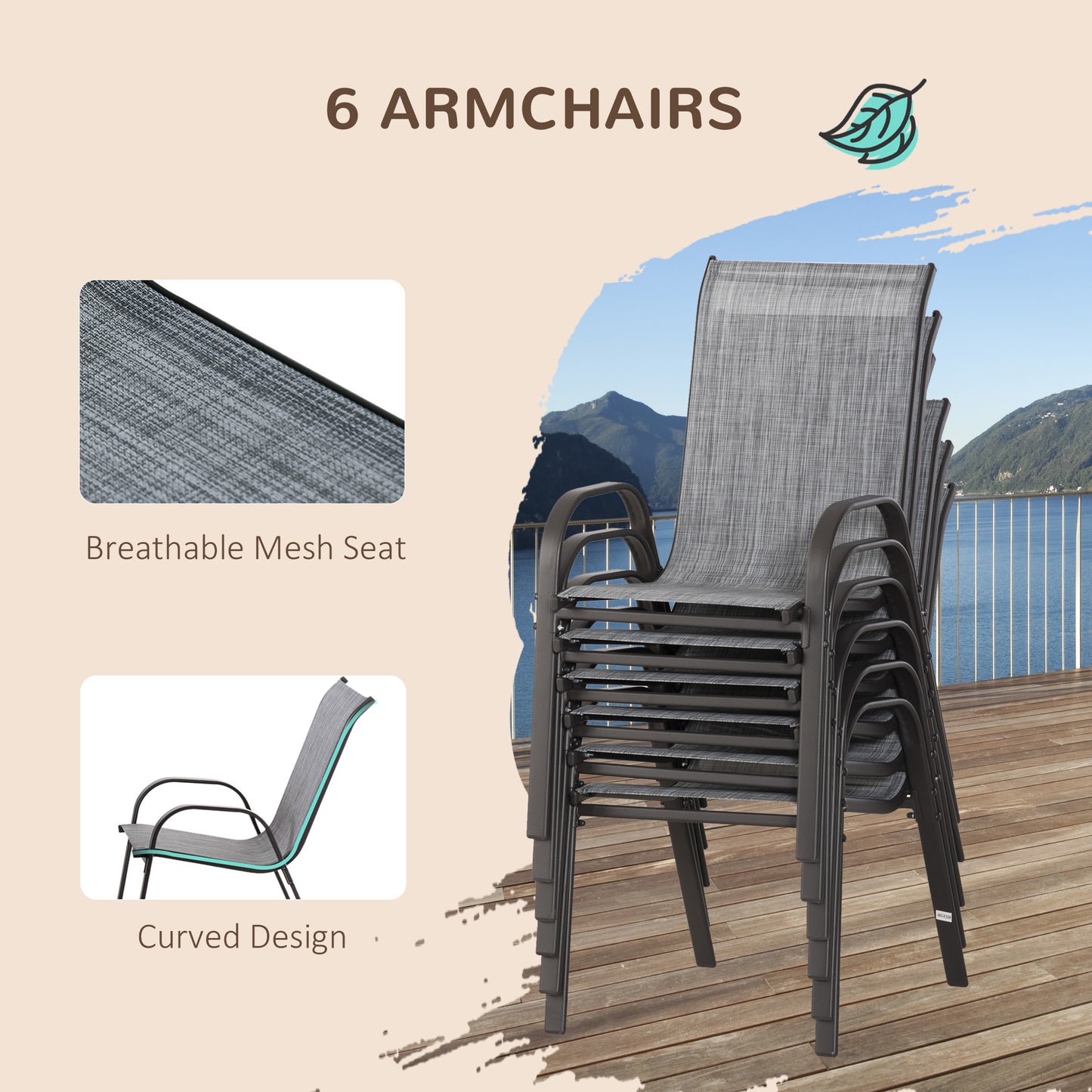 8 Piece Dining Set with Umbrella, 6 Chairs and Table, Grey