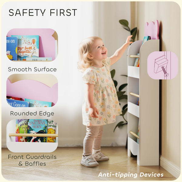 Bibliothèque à 3 niveaux, motif ours, avec dispositif anti-basculement, rose