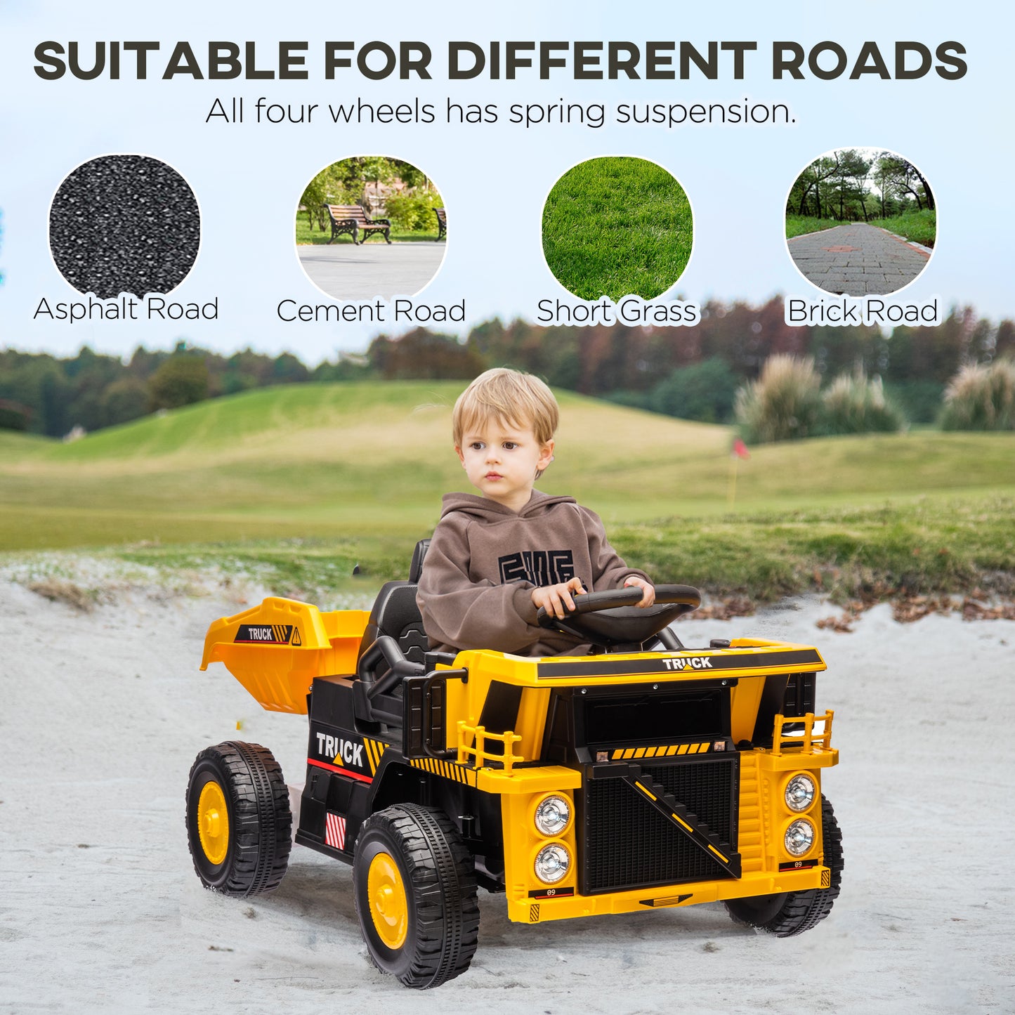 12V Dump Truck for Kids, Construction Vehicle with Electric Dump, Shovel and Spring Suspension